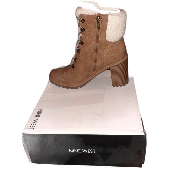 NEW NINE WEST Boots Chunky Heel Size 9.5 Ankle Combat Sherpa Faux‎ Vegan Leather - Picture 3 of 9